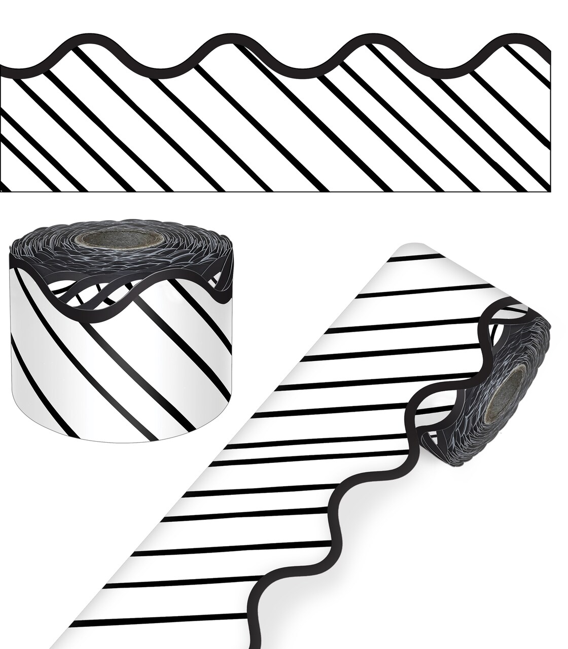 Carson Dellosa 65Ft of Black and White Bulletin Board Borders, 1 Roll of Striped, Scalloped Trim for Rolling Whiteboard, Posterboard, Party, Office Decorations, and Classroom Decor